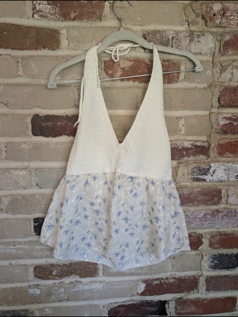 Boho Cream Crochet Halter Top with Soft Blue Floral Skirt